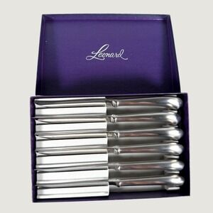 Leonard Silver Steak Knife Set 6pc Serrated Pistol Grip Stainless Steel Vintage